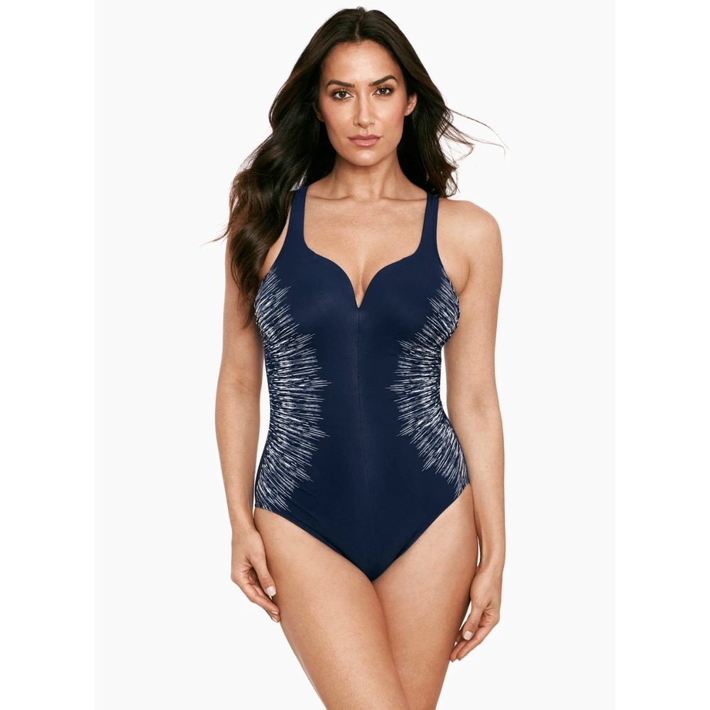 Miraclesuit Temptress Swimsuit 14 Navy Blue Slimming Silver Shores